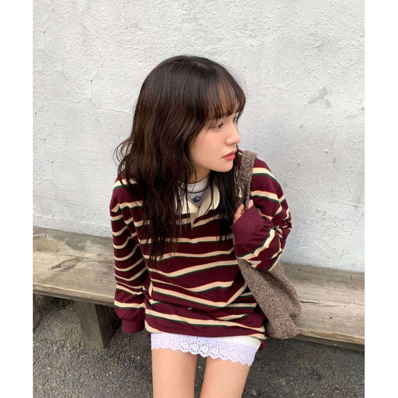 Menasoo Stripe Rugby T Shirt_Burgundy