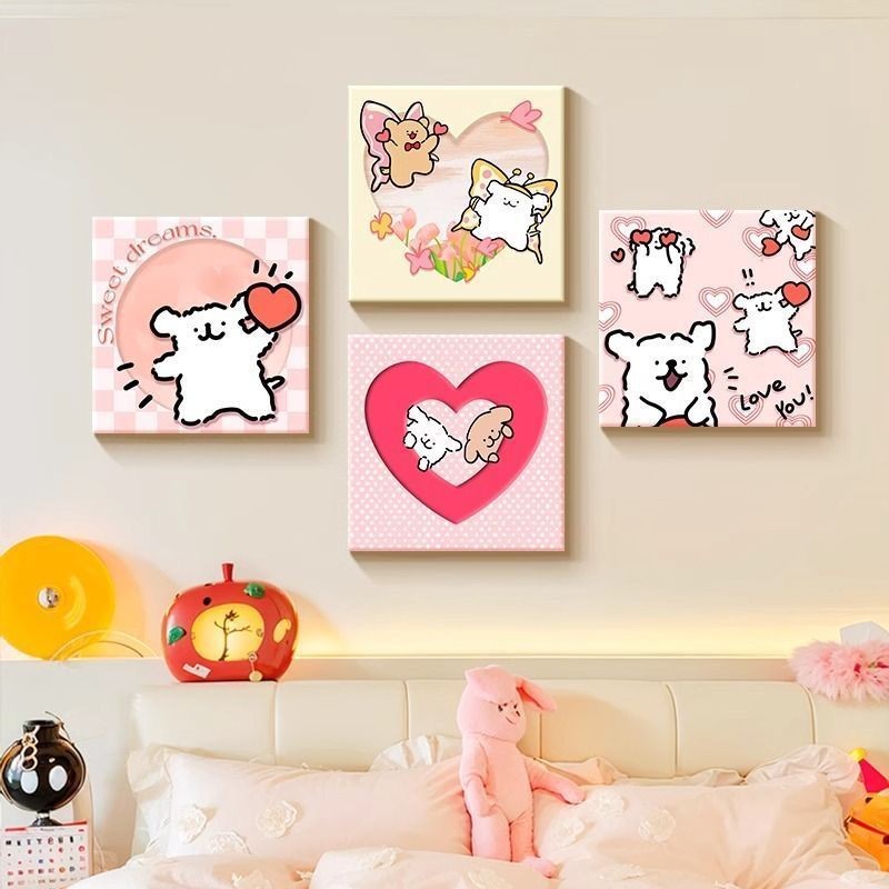 ภาพวาดสกetch-style ลายเส้นน่ารักของสุนัข สีชมพู ขนาด 30x30x0.9 เซนติเมตร สำหรับห้องนั่งเล่น ห้องนอน 