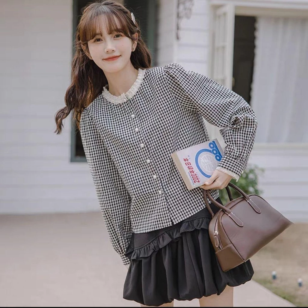 Red Berryเสื้อเชิ้ตแขนยาวคอกลมลายสก๊อตสไตล์ย้อนยุคฝรั่งเศสสำหรับผู้หญิง99217