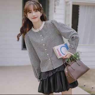 Red Berryเสื้อเชิ้ตแขนยาวคอกลมลายสก๊อตสไตล์ย้อนยุคฝรั่งเศสสำหรับผู้หญิง99217