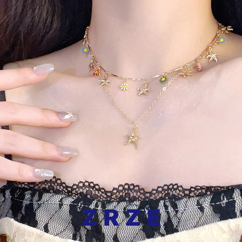 สร้อยคอ การซ้อนสองชั้น ปลาดาว การประดับดอกเบญจมาศ ins โดปามีน สไตล์เกาหลี สำหรับผู้หญิ