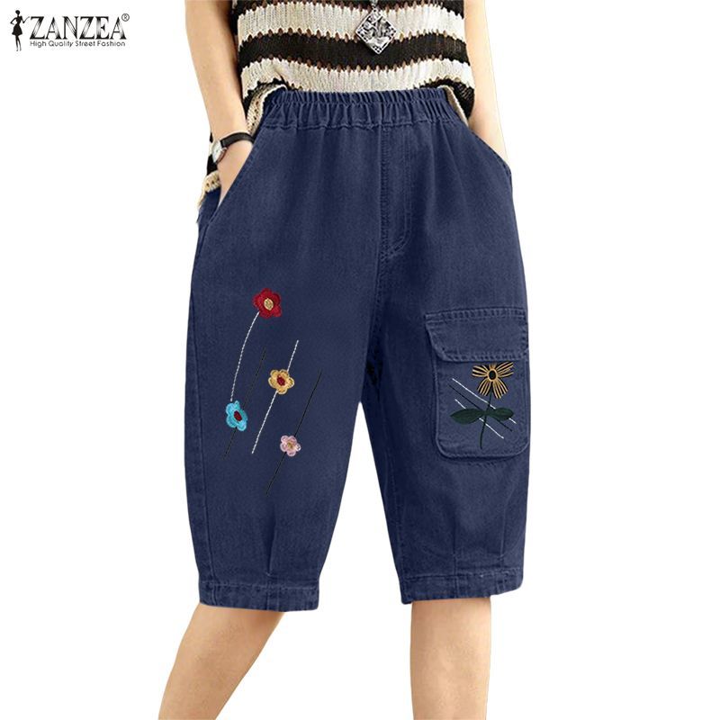 ZANZEA ผู้หญิงเกาหลี Retro Leisure เอวยางยืดดอกไม้เย็บปักถักร้อย Midi แครอทกางเกงขาสั้น