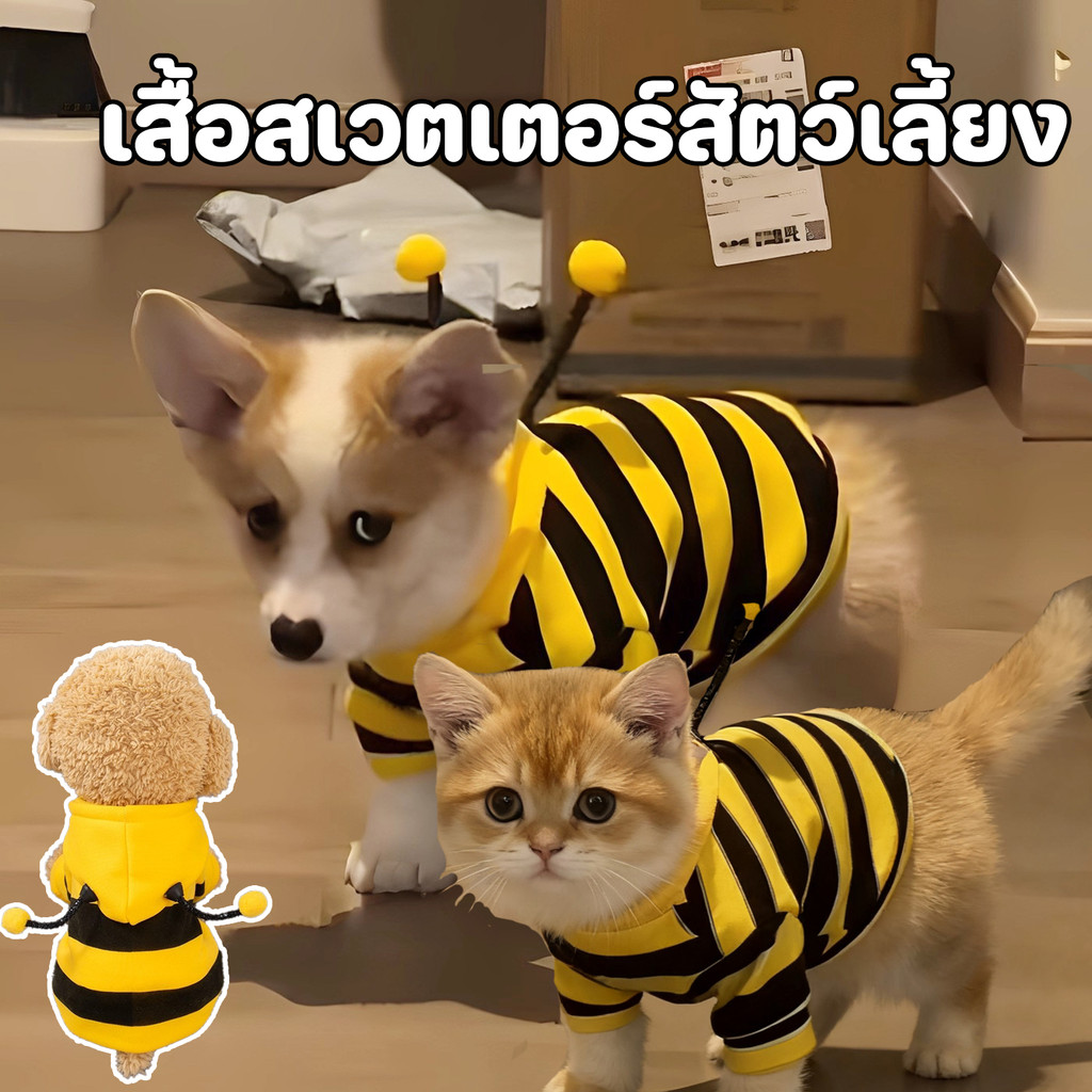 เสื้อผ้าหมา ชุดแมว เสื้อฮู้ดลายผึ้งน้อย เครื่องแต่งกายสัตว์เลี้ยง ใส่แล้วน่ารัก สบายตัวกันลมได้ดี