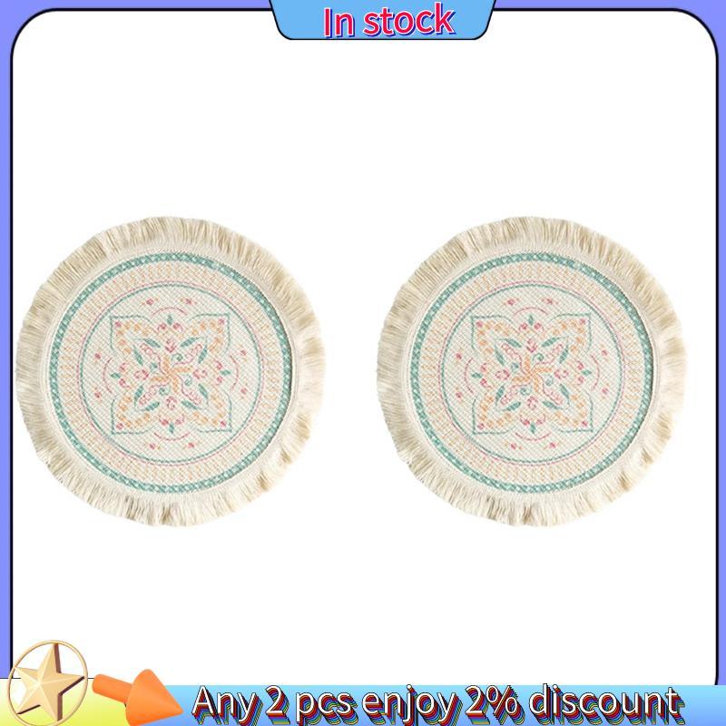 ในสต็อก-2 ชิ้นพิมพ์ Place Mat Bohemian พู่พิมพ์ Coaster สําหรับฉนวนกันความร้อนบ้านวงกลมรูปร่างโต๊ะอา