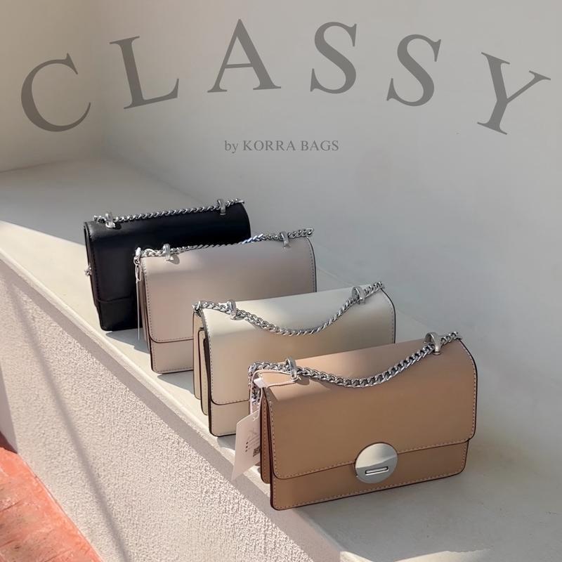 KORRA CLASSY BAG คลาสซี่ กระเป๋าหนังพียู มี4สี อะไหล่เงินเงา สายปรับไม่ได้