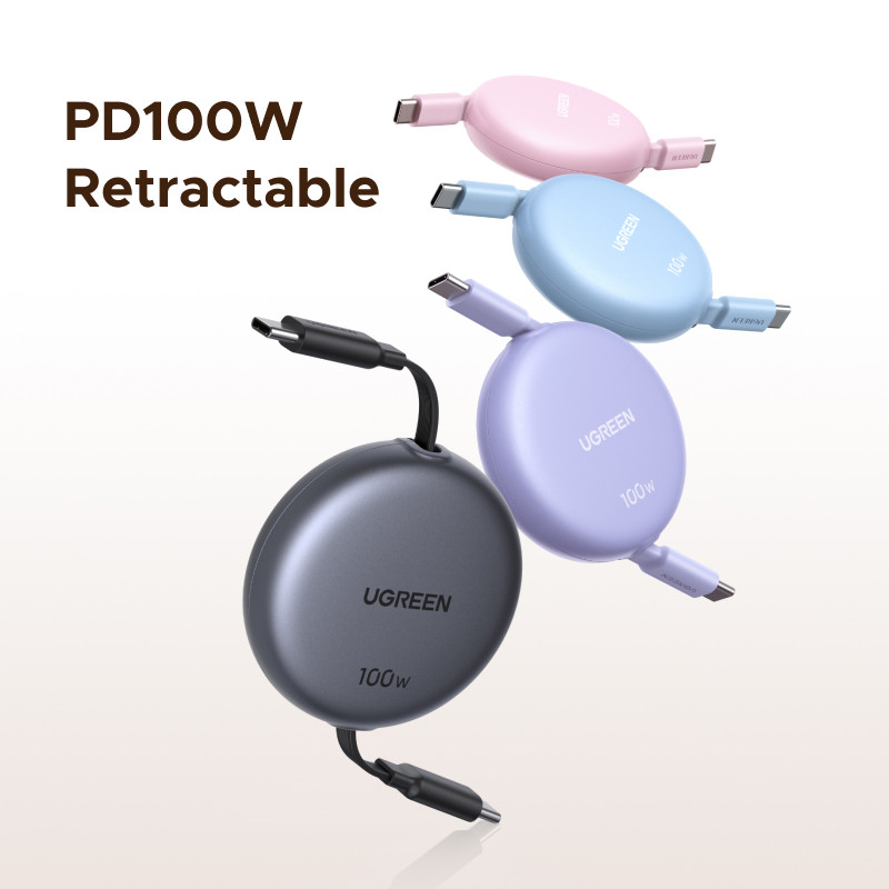 UGREEN 100W USB-C ถึง USB-C สายชาร์จข้อมูลแบบพับเก็บได้รองรับสายชาร์จเร็ว 45W สําหรับโทรศัพท์
