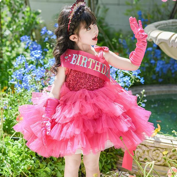 Barbie Girl Princess Dress Dress Summer Rose Red Dress Classy Puff Skirt Performance Dress 10.18 q - รูปที่ 2