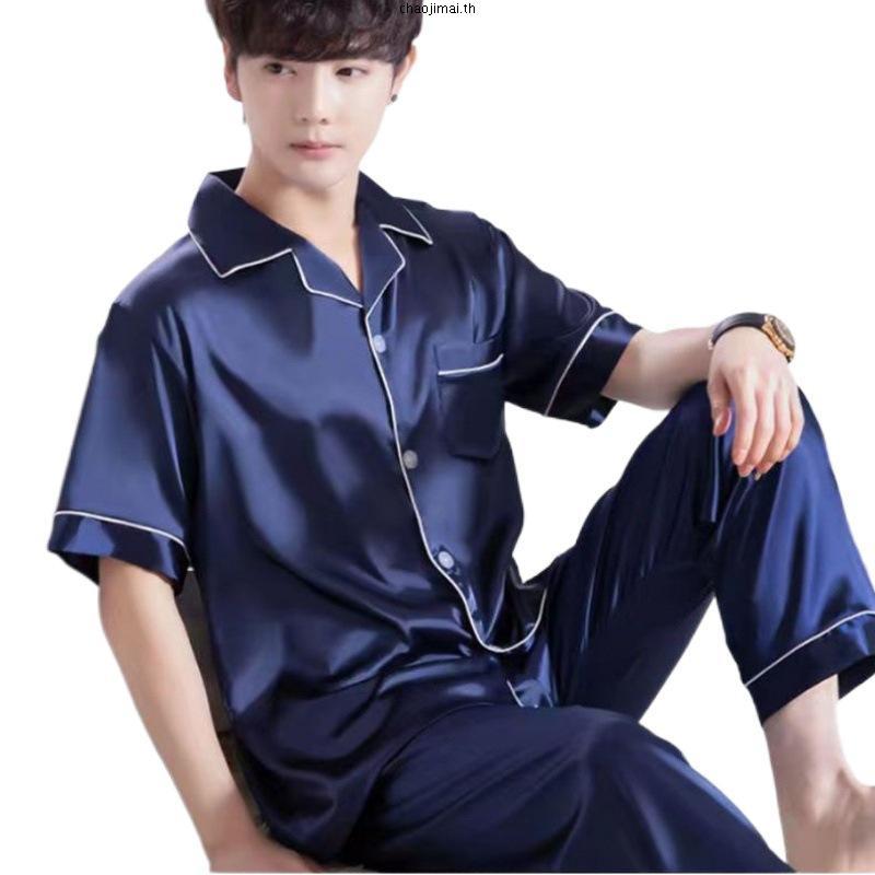 ชุดนอนผู้ชาย ชุดนอนชาย กางเกงนอนผู้ชาย Animal Pattern Silk Long Sleeve Pajama Terno Men Cardigan Sat