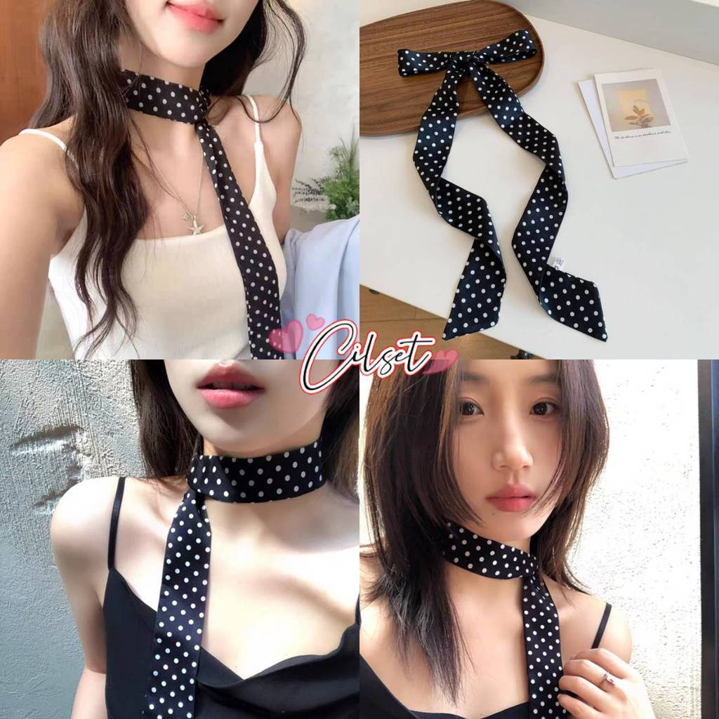 Cilset🛒พร้อมส่ง🎀 ริบบิ้นผูกผม สไตล์เกาหลี นำมาใช้ได้หลายแบบ สีดำลายจุด VO-56