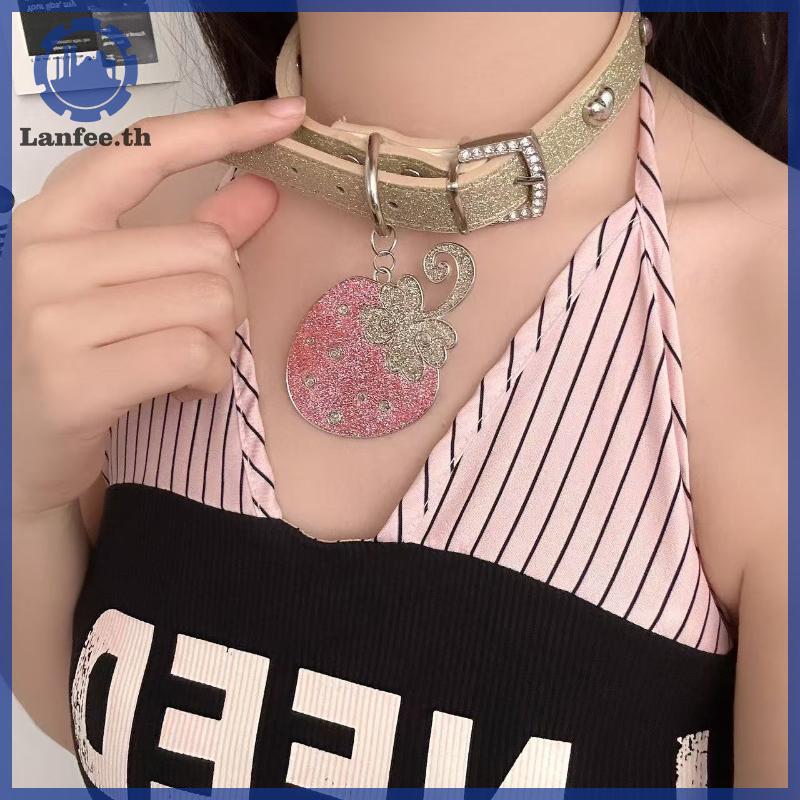 NFE 1 ชิ้นยาวสร้อยคอเครื่องประดับสร้อยคอสตรอเบอร์รี่จี้ Rhinestone เงา INS Y2K โลหะคออุปกรณ์เสริมสํา