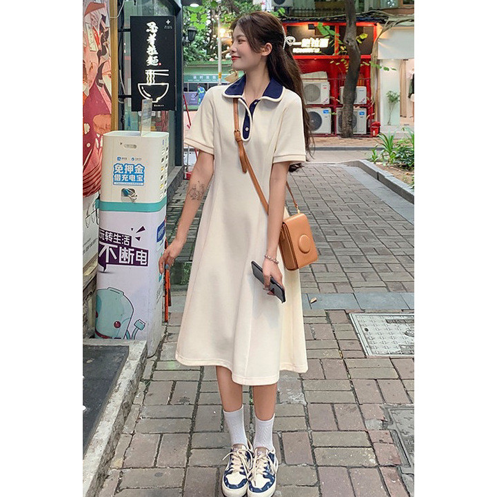 Classy All-Match POLOคอปกแขนสั้นชุดสตรีPppyสไตล์ความคมชัดสีแคบเอวSlimmerดูกระโปรงยาว 6.29 B36.29 B36