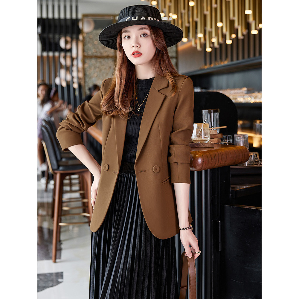 Khaki Blazer ผู้หญิงขนาดเล็ก สไตล์slim fit double-breasted สำหรับทุกโอกาสในฤดูใบไม้ผลิและใบไม้ร่วง