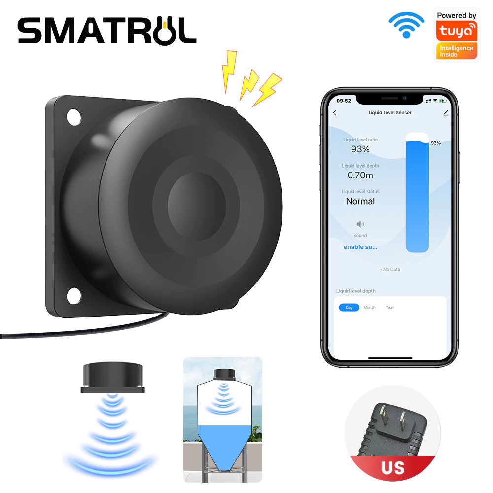 SMATRUL Tuya WiFi เซ็นเซอร์ระดับของเหลวอัลตราโซนิกระดับถังเก็บน้ําอัจฉริยะแบบไม่สัมผัส ระดับการตรวจสอบแบบเรียลไทม์และสัญญาณเตือนแบบปรับได้
