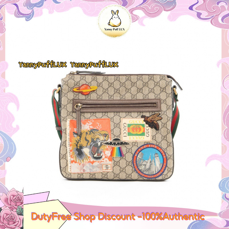 GUCCI GG SUPREME COURRIRE  เสือบินจานปักลาย Webbing หนังผ้าใบ กระเป๋าสะพายข้าง กระเป๋าสะพายข้างเดียว