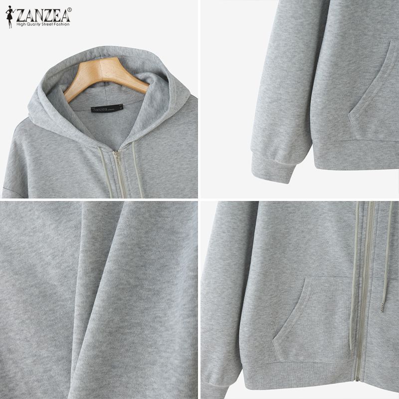 ZANZEA เสื้อฮู้ดผู้หญิง แบบซิป-up ลายเกาหลีแขนยาว สวมใส่สบาย ๆ ในทุกวัน — صورة 8