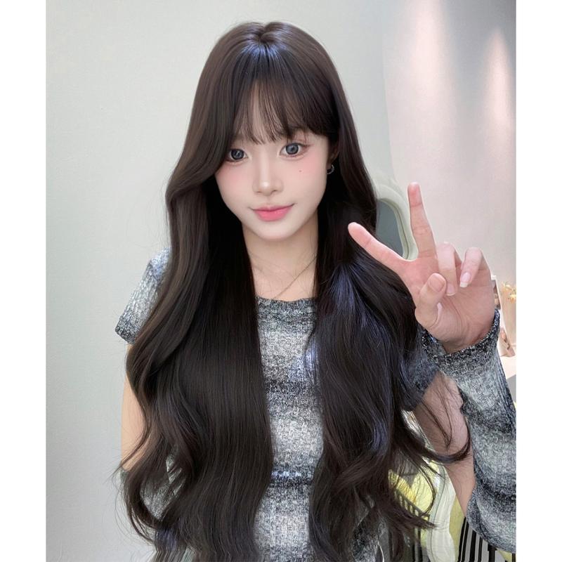 GDS Wigs วิกผมคลื่นน้ำตาลเข้มมีหน้าม้า ขนาดยาว 70 ซม.