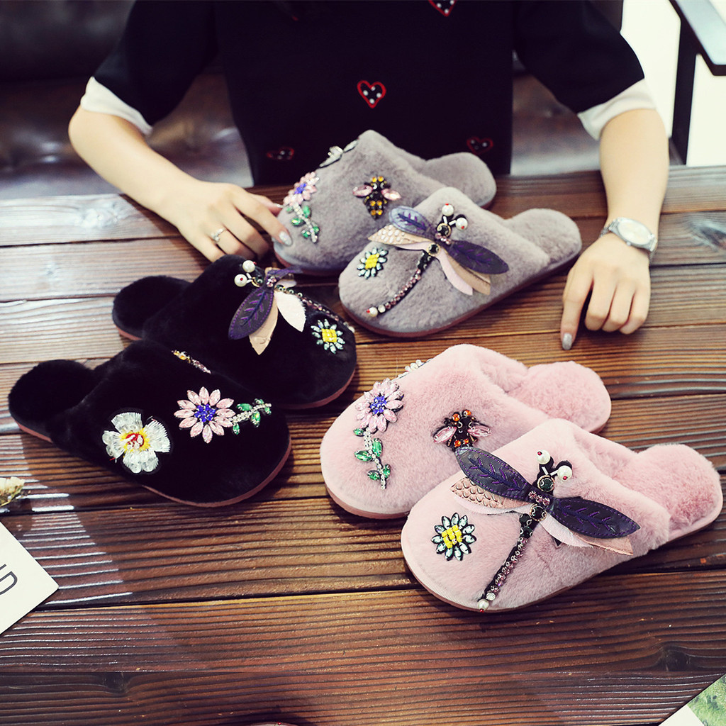 Home Cotton Slippers New Home Plush Indoor Home Flat Bottom Non Slip Hairy Slippers aSjB