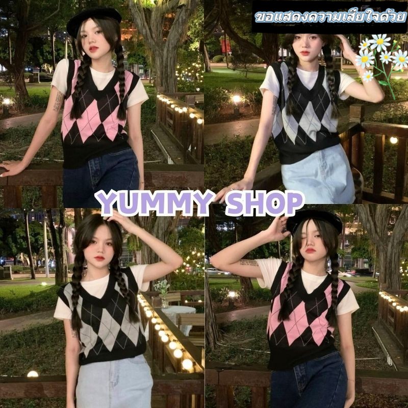 🎀Yummy Shop🎀พร้อมส่ง 【23145】เสื้อกั้กไหมพรม ลายตารางหมากรุก น่ารัก