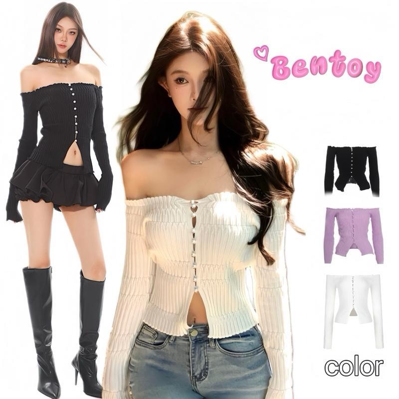 bentoy พร้อมส่งในไทย U028 สาวไข่มุก เสื้อสเวตเตอร์ถักปาดไหล่ ปักมุก แขนยาว ไหมพรม เข้ารูป