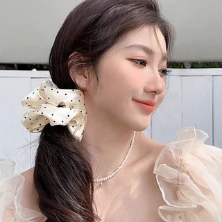 ในไทย💖ยางรัดผมวงกลมลำไส้เล็กผ้าซาตินสำลายจุดสีดำขาว ผมหางม้าผู้หญิงความยืดหยุ่นสูงสไตล์เกาหลีเครื่องประดับผมแฟชั่น