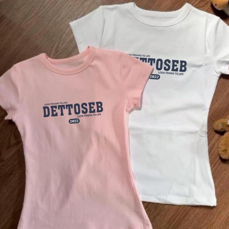 เสื้อยืดแขนสั้นส่วนบุคคล, สไตล์ฤดูร้อน, การพิมพ์ลายตัวอักษรที่เรียบง่าย, ทรงหลวม, คอกลม, สำหรับผู้หญิง, สลิมฟิตและบาง, อ