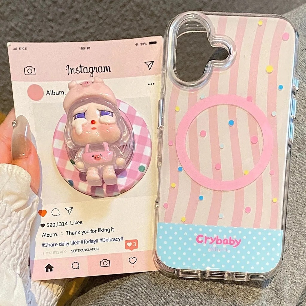 น่ารัก ร้องไห้ สีชมพูตารางอะคริลิแม่เหล็กกรณีโทรศัพท์ + ขาตั้งแม่เหล็กสําหรับ ไอโฟน 17/16/15/14/13/12/11, กันกระแทกกันฝุ่นป้องกันรอยขีดข่วนน่ารักโทรศัพท์อุปก