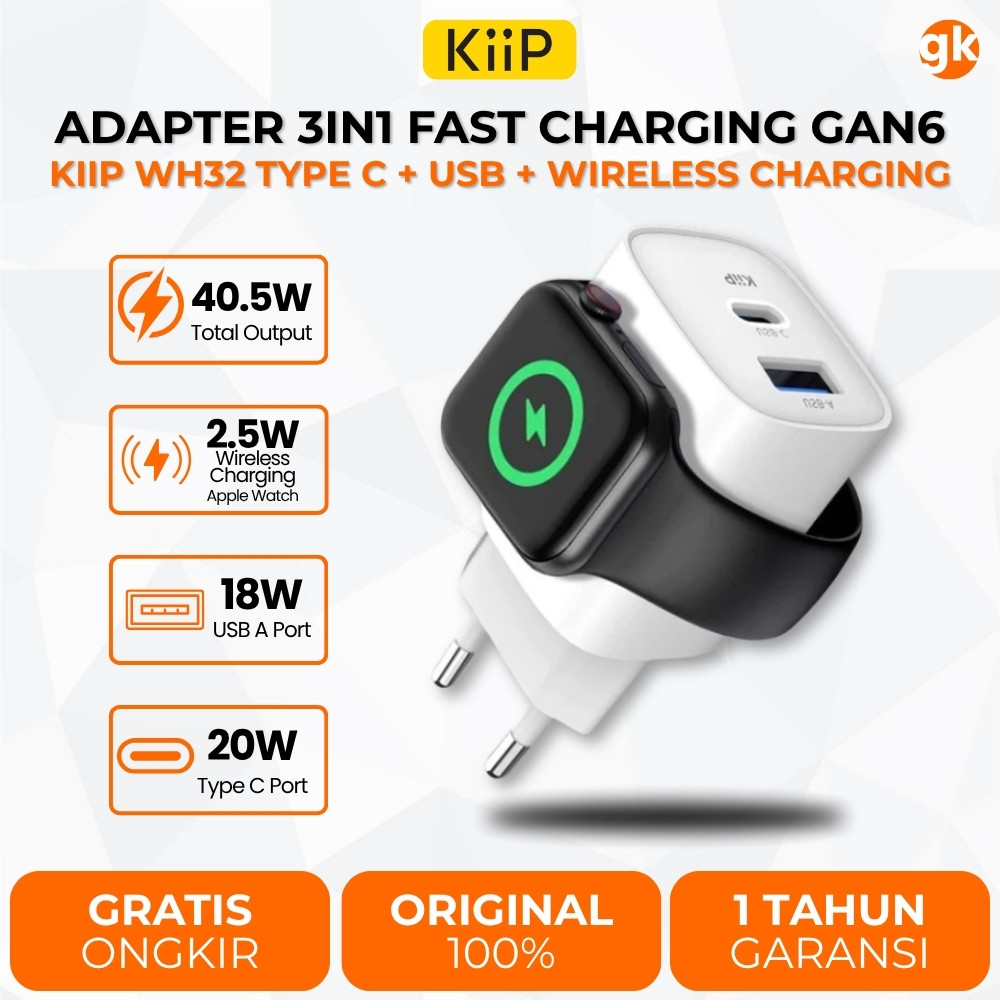 KIIP WH32 อะแดปเตอร์ชาร์จไร้สาย 3in1 ชาร์จเร็ว GaN6 22W USB-A / USB-C iWatch