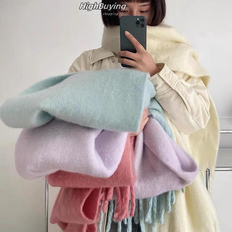 ผ้าพันคอแคชเมียร์หรูหราสำหรับฤดูหนาวของผู้หญิง ขอบยาวและหนานุ่ม