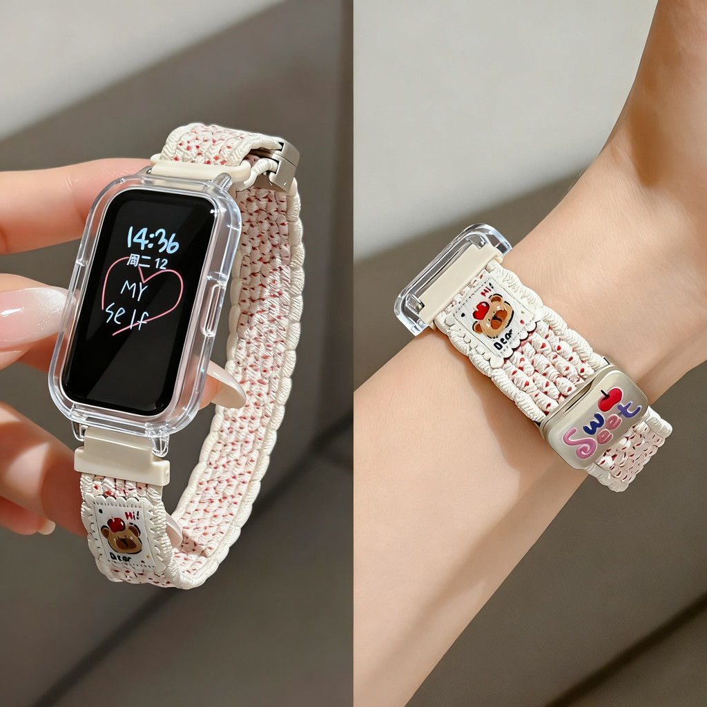 Candy สีน่ารักหมีทอสายไนลอนสําหรับ Xiaomi Smart Band 9 Active / 8 Active สาวน่ารักเปลี่ยนสําหรับ Redmi band 3 2 กีฬา Band Cover