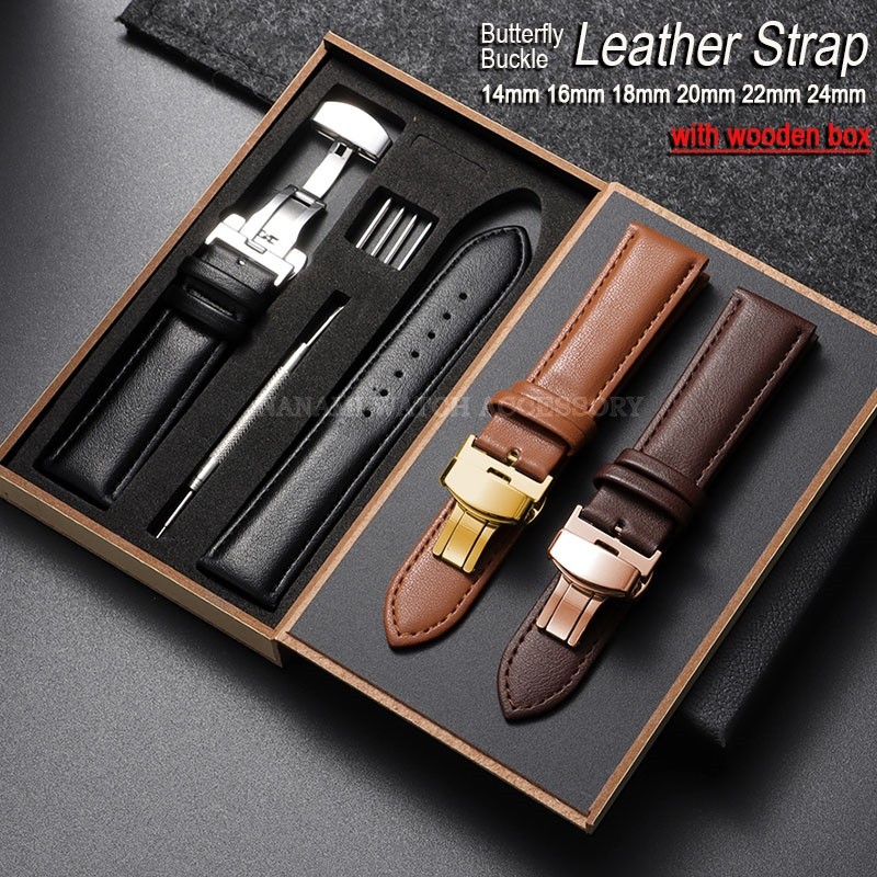 สายนาฬิกาหนังแท้พร้อมกล่องไม้14มม.16มม.18มม.20มม.22มม.24มม.สากลผีเสื้อหัวเข็มขัดสายนาฬิกานุ่มหนังลูกวัวสร้อยข้อมือผู้ชายผู้หญิงธุรกิจสายรัดข้อมืออุป