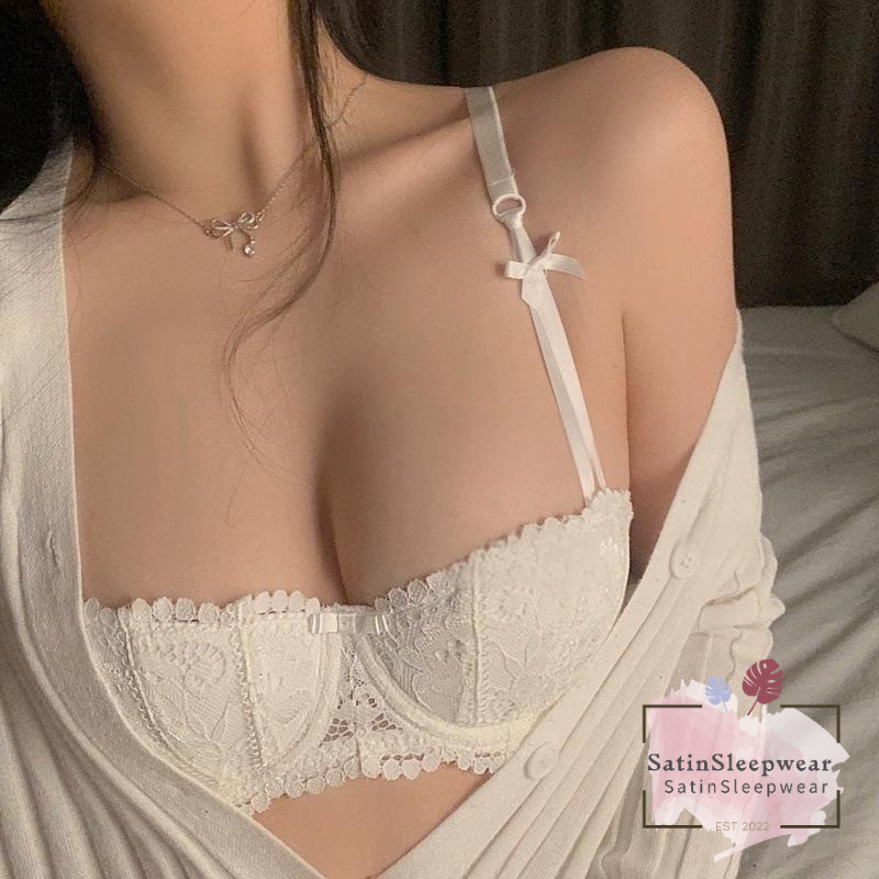 SatinSleepwear ชุดชั้นในลูกไม้ใหม่ ชุดชั้นในผู้หญิง 2 ชิ้น หลากหลายสี ทรงครึ่งคัพบาง ป้องกันการหย่อนคล้อย.