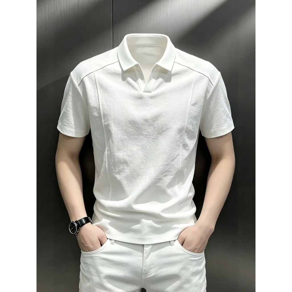สีขาว cleanfit Seagull คอเสื้อโปโลแขนสั้นผู้ชายฤดูร้อนของแท้ไหล่เสื้อยืดคอวีสไตล์อเมริกันเย็บครึ่งแขน20260630