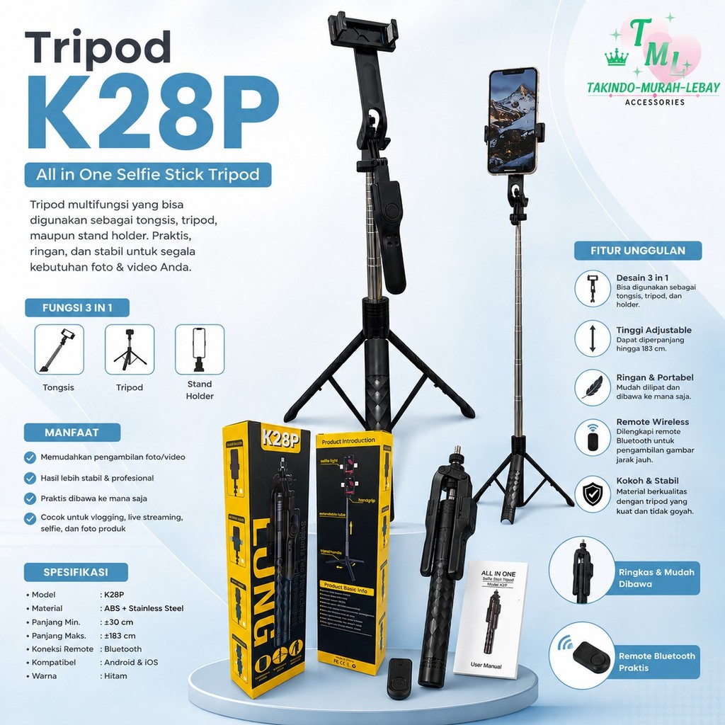 Tongsis Selfie Stick K28P ขาตั้งกล้องระยะไกลบลูทูธ All In One 183 ซม.สําหรับกล้อง Handphone Go Pro ม