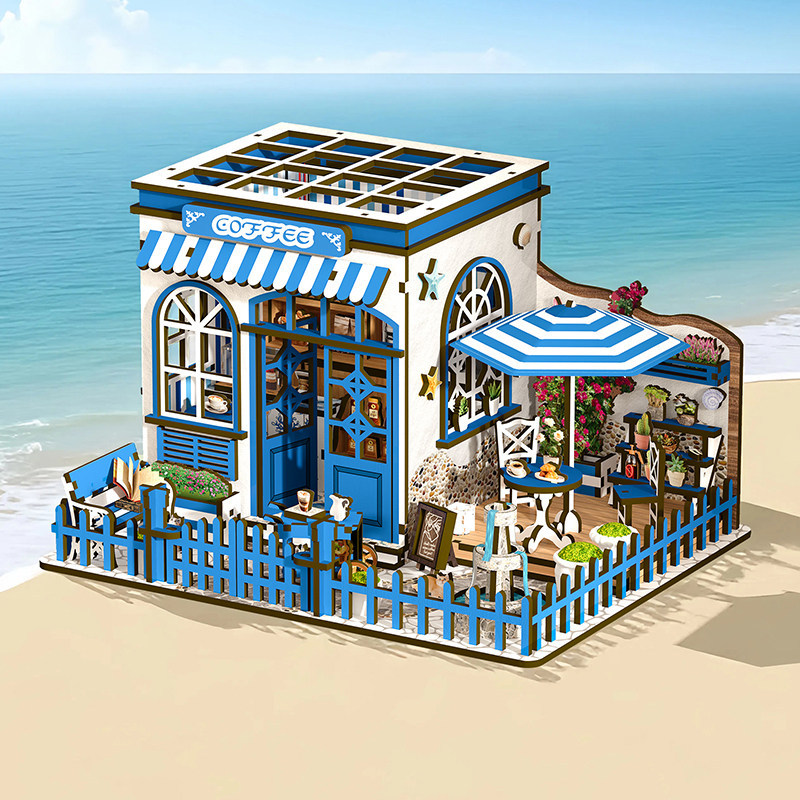 Santorini Sunshine Coffee diy Hut Blue Sea View บ้านจิ๋วประกอบของเล่นของขวัญทํามือ