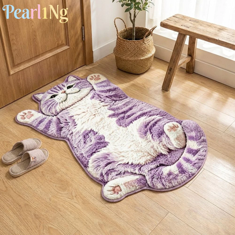 PEARLTH พรมตกแต่งบ้าน,พรมกันลื่น 2D Cat-Shapedพรมพื้นที่,นุ่มป้องกันการเปรอะเปื้อนทําความสะอาดง่ายพรมการ์ตูนห้องนั่งเล่น