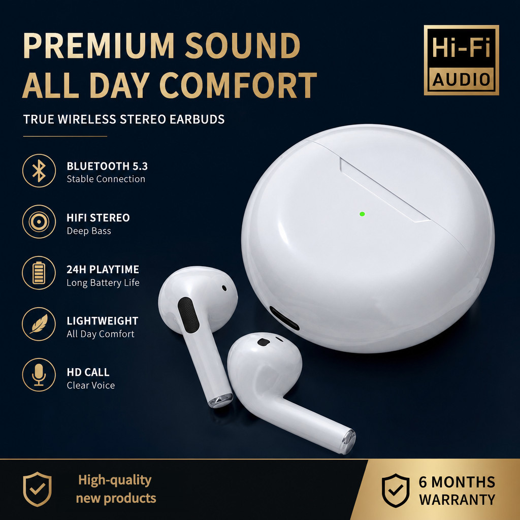 R111 หูฟังบลูทูธ หูฟังไร้สาย อินเอียร์ สีขาวเรียบง่าย คุณภาพเสียง HiFi