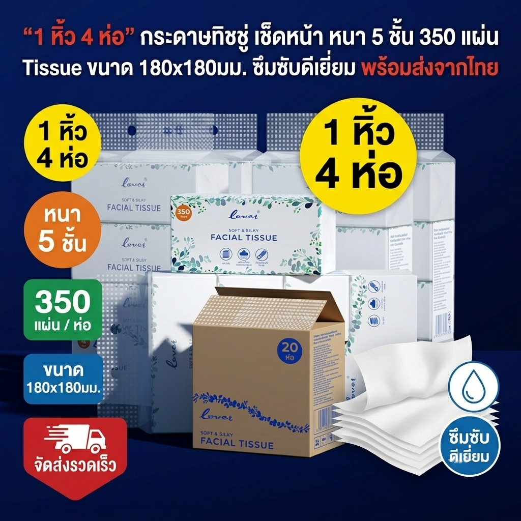 「1 หิ้ว 4 ห่อ」กระดาษทิชชู่ เช็ดหน้า หนา 5 ชั้น 350 แผ่น Tissue ขนาด 180x180มม. ซึมซับดีเยี่ยม พร้อมส่งจากไทย