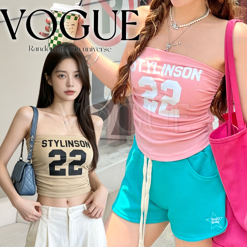 Vogue พร้อมส่ง เสื้อเกาะอกครอปสั้น ทรงเข้ารูปมีฟองน้ำในตัว สไตล์สาวอเมริกัน พร้อมลายสกรีนเท่ๆ (662)