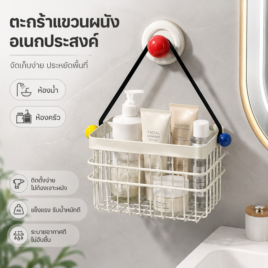 ตะกร้าวางของในห้องน้ำ ตะกร้าแขวน ในครัว อเนกประสงค์ ระบายอากาศ ระบายน้ําได้ ไม่ต้องเจาะผนัง สำหรับห้องน้ำและห้องครัว