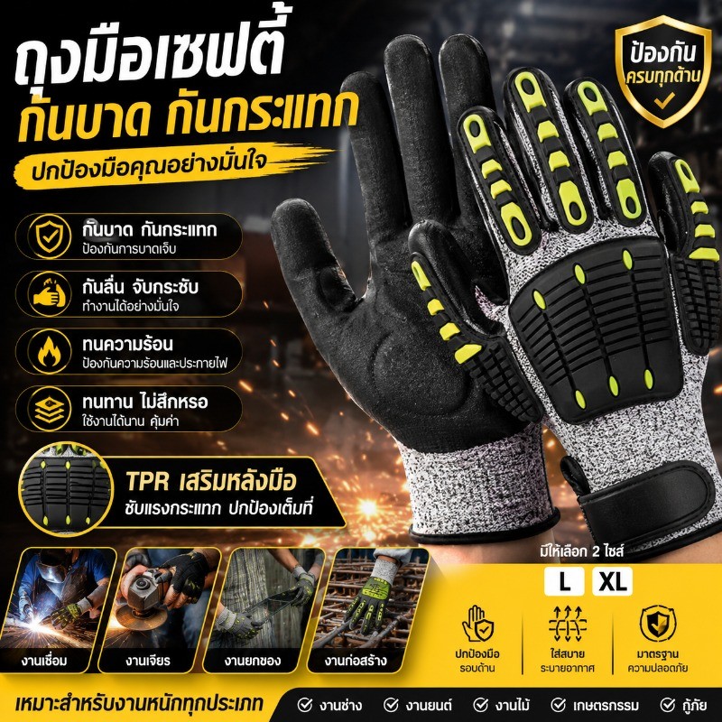 (พร้อมส่ง) ถุงมือกันบาด TPR กันกระแทก ถุงมือเซฟตี้ สำหรับงานช่าง ปั่นจักรยาน กู้ภัย กันลื่น ป้องกันมือ Safety Gloves