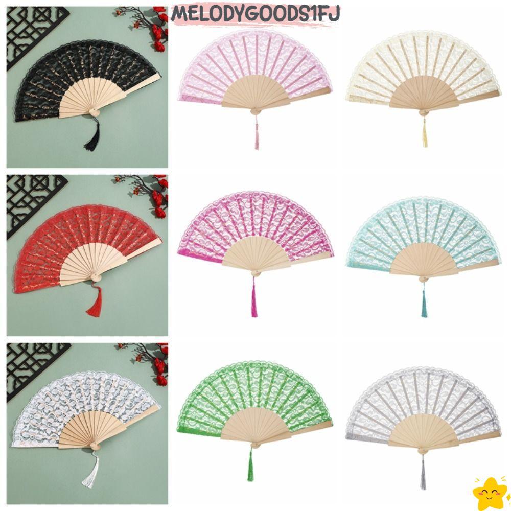 MELODYGOODS1FJ พัดลมพับ,สไตล์วินเทจพู่เพนเดนท์พัดลมจีน,การออกแบบดอกไม้หรูหราพัดลมมือลายลูกไม้ฤดูร้อน