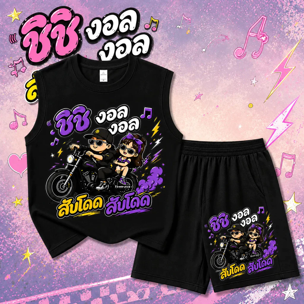 (จัดส่งตลอด 24 ชั่วโมง) COD kids เสื้อกล้ามลายการ์ตูนมอเตอร์ไซค์ตัวอักษรไทย 2 ชิ้น แฟชั่น เซ็ตชุดเด็ก เส