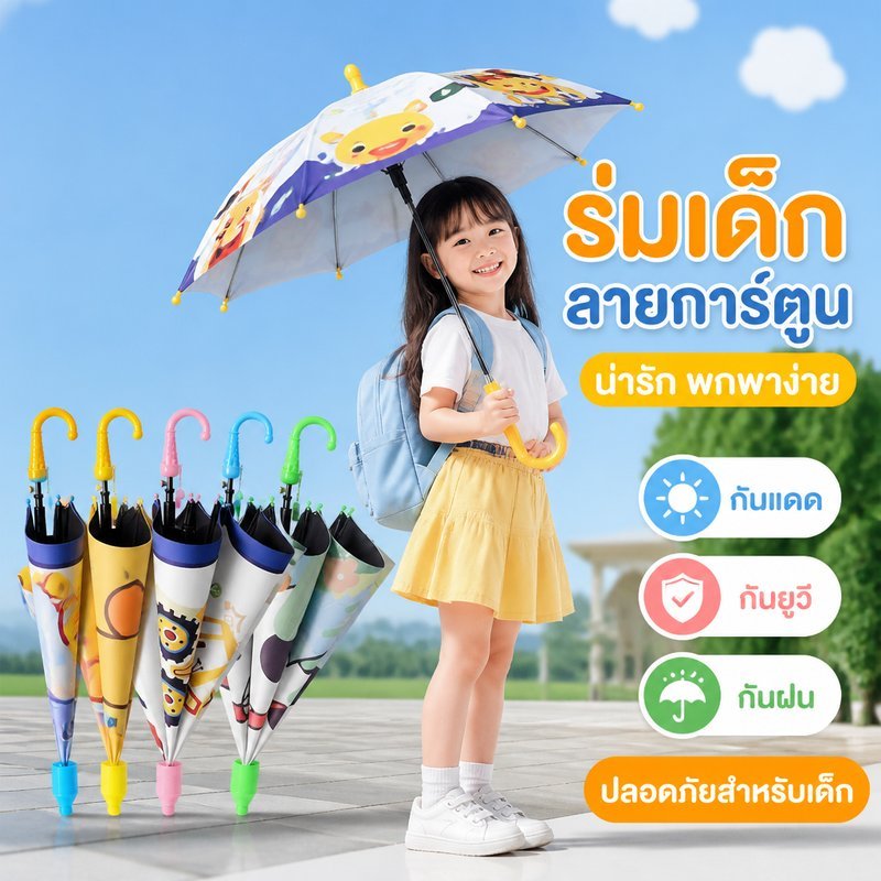 ร่มเด็ก ลายการ์ตูน ด้ามจับไอศกรีม กันแดด กันยูวี กันฝน พกพาเบา พร้อมปลอก
