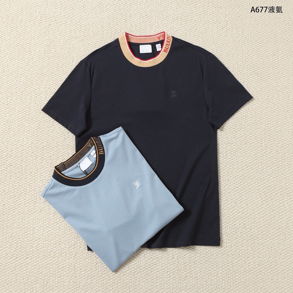 BBR ปัก Liquid Ammonia Mercerized Cotton เสื้อยืดแขนสั้นผู้ชายอินเทรนด์ Contrast สีรอบคอชายเสื้อยืดค