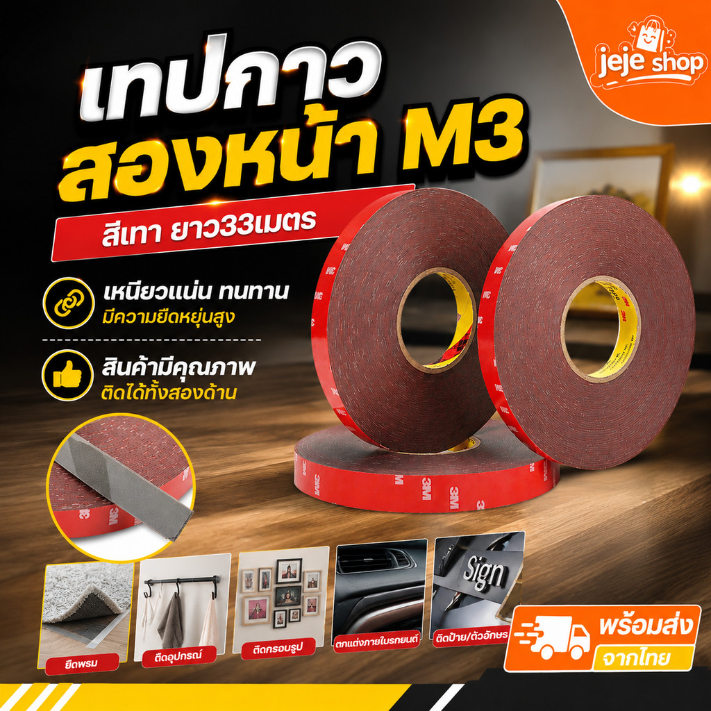 เทปกาว 2หน้า สีเทา กาวสองหน้า TAPE 2 SIDED ขนาด 6, 8,10,12,15,20 มม.ความยาว 33 เมตร