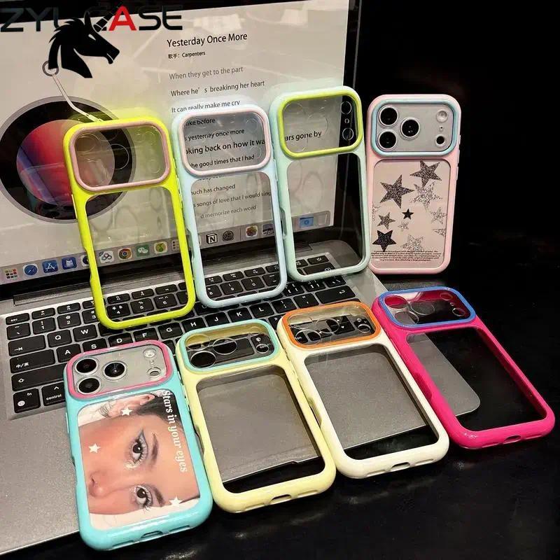 ปลอกอะคริลิคสําหรับ ไอโฟน 11 17 12 16 13 15 14 มือโปร สูงสุด 16 15 14บวก แฟชั่น โดปามีน การจับคู่สีโปร่งใสหน้าต่างขนาดใหญ่เคสโทรศัพท์ ทีพียู ปก