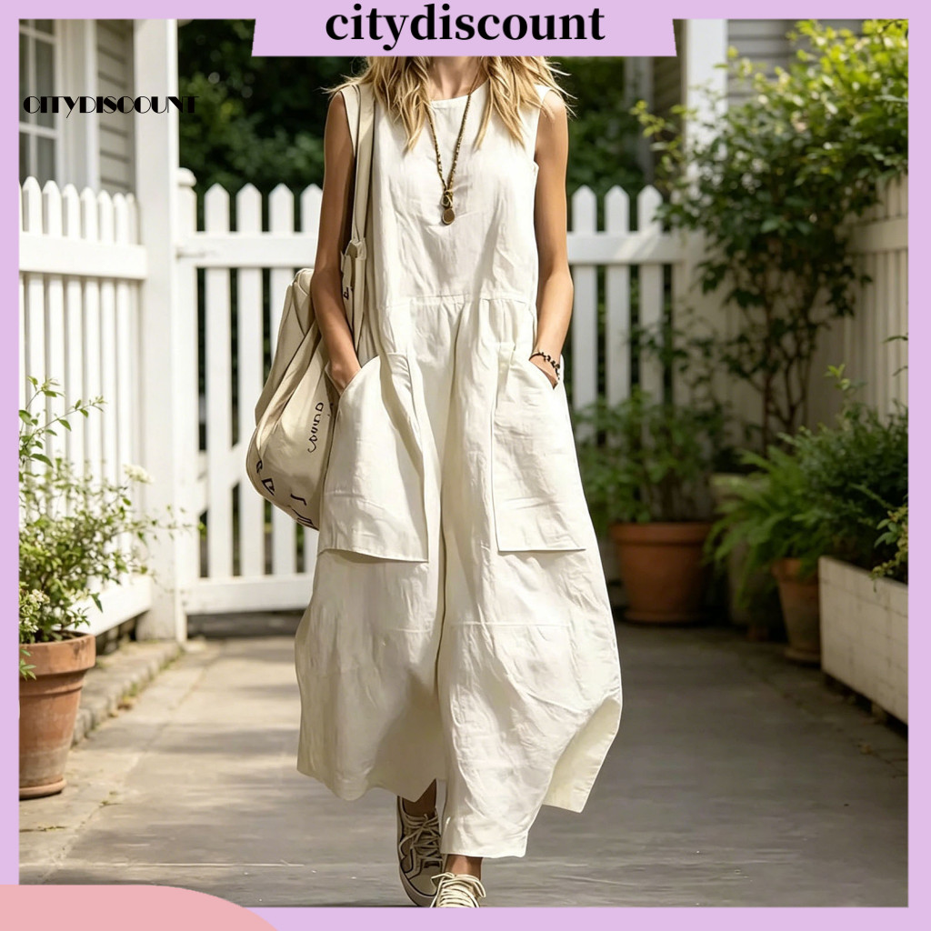 <citydiscount> Elegant Simple Dress อเนกประสงค์ผู้หญิงชุดผู้หญิง ฤดูร้อนผ้าฝ้ายผ้าลินินชุด – หลวม Fit นุ่มผ้าสบายสีทึบสไตล์ย้อนยุคสําหรับชายหาดสํานักงานสวมใส่