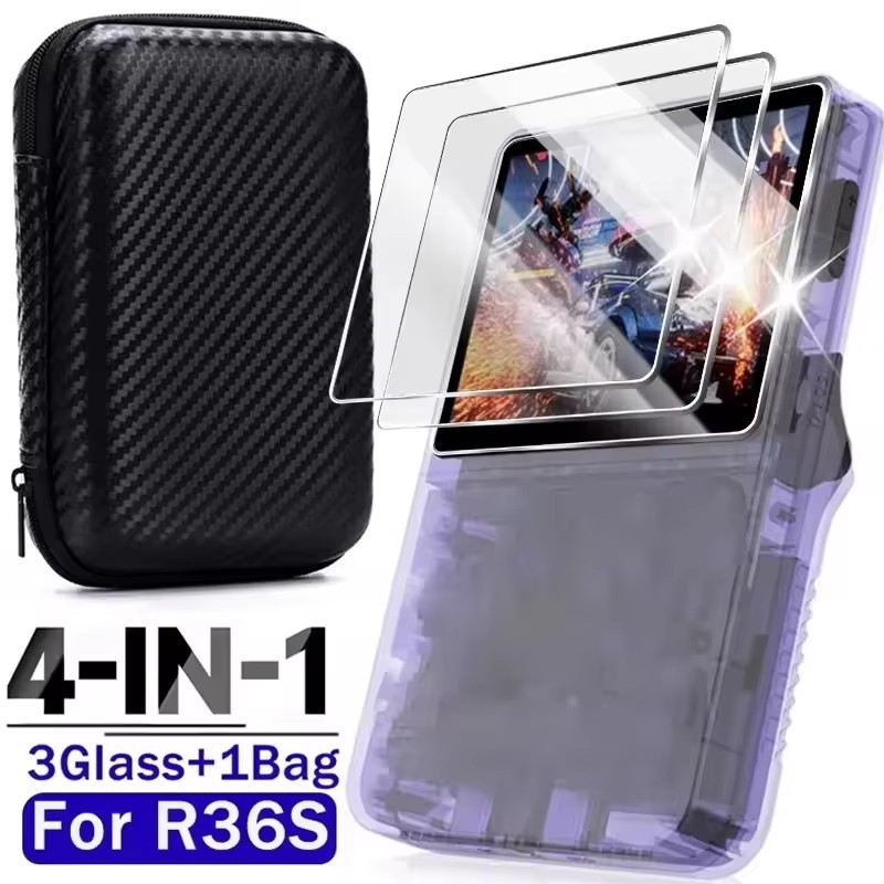 4 IN 1 Case+Glass for R36S Game - ฟิล์มกระจกนิรภัย - สําหรับ R36S - กระเป๋าเดินทางและตัวป้องกันหน้าจ