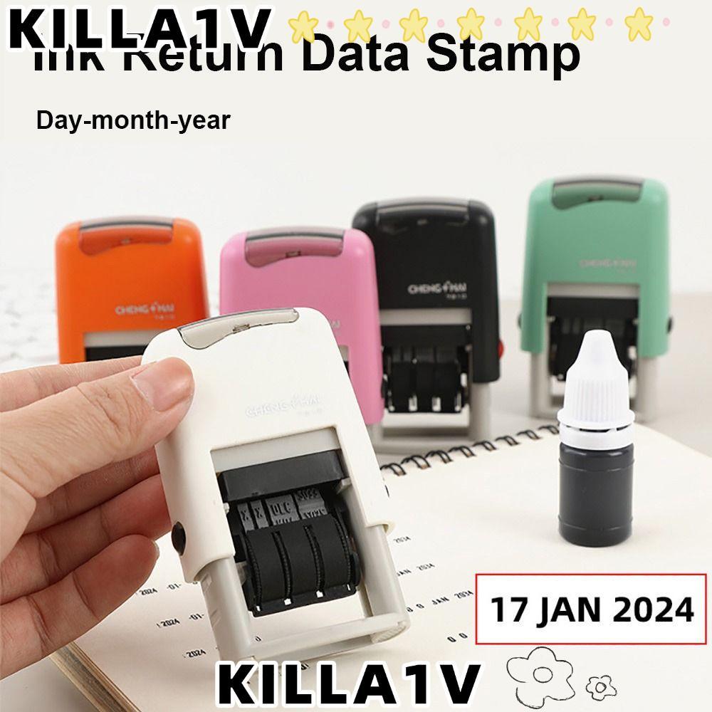 KILLA1V Day-month-year Data Stamp, Adjustable Date Wheel เวอร์ชันภาษาอังกฤษ Self-Inking แสตมป์ล้อวัน