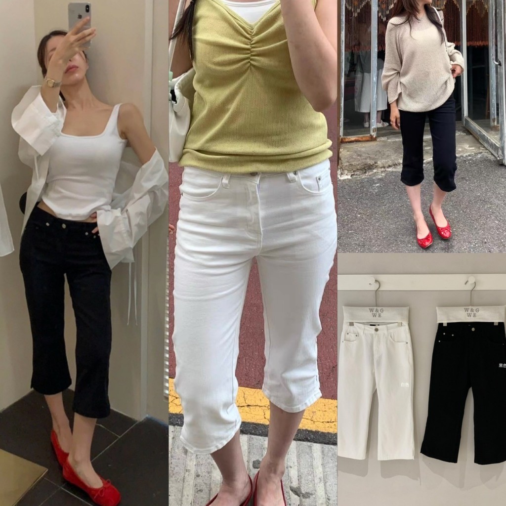 ❤ 🧵 🇰🇷 W10347 กางเกงยีนส์ 5 ส่วนผู้หญิง เอวสูง ขาตรง ผ่าชาย มีทั้งสีขาวและสีดำ แมทช์ง่าย แฟชั่นเกาหลี TAG WG.WE 🧡